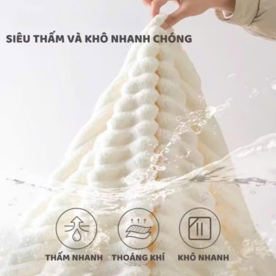 Mũ Quấn Tóc Lông Dệt Sóng Siêu Thấm Hút, Khăn Bông Ủ Quấn Tóc Nhanh Khô