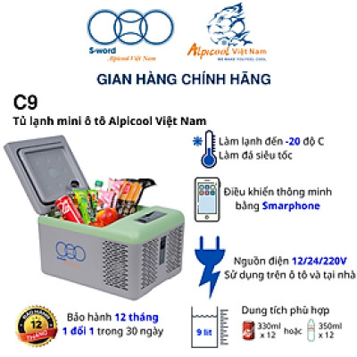 Tủ lạnh ô tô thông minh Alpicool Việt Nam 9 lít - C9 - làm đá nhanh kiêm hộp đựng thực phẩm, kiêm thùng đá cho tài xế, lái xe
