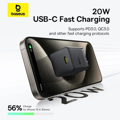 Bộ sạc nhanh nhỏ gọn Baseus Palm 1C 20W Kèm cáp C to C 60w dài 1M - Hàng chính hãng
