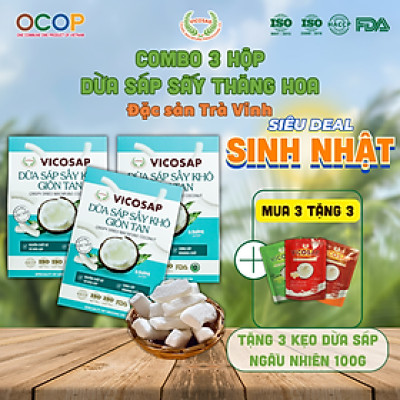 COMBO 3 hộp Dừa sáp sấy giòn cao cấp VICOSAP ít đường đồ ăn vặt healthy đặc sản Trà Vinh