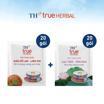 Bộ 2 hộp trà thảo dược TH true HERBAL Giảo cổ lam – Linh chi & Trà Lạc tiên – Tâm sen (40 gói)