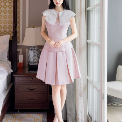 Set áo váy hồng cổ sen NGADO , set áo kèm váy , set váy xếp ly