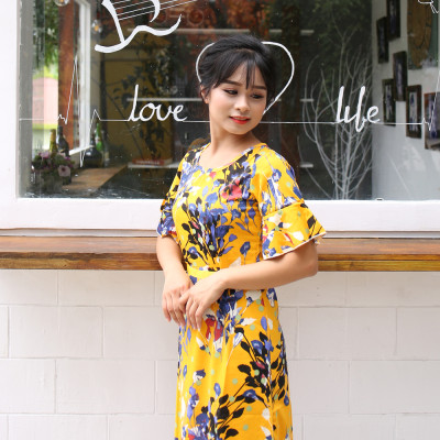 Váy Hoa Vàng Tiểu Thư Cổ Tròn Ôm Eo New4all VH3060 - Freesize Cho người dưới 50Kg