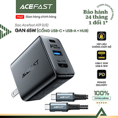Sạc Acefast GaN 65W cổng USB-C + USB-A + HUB (US) - A19 Hàng chính hãng Acefast