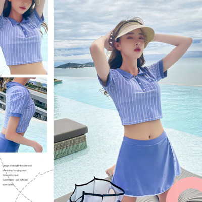 Bộ đồ bơi bikini nữ 2 mảnh đi tắm biển áo croptop kẻ kèm váy sang chảnh phong cách Hàn quốc - B06