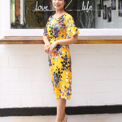 Váy Hoa Vàng Tiểu Thư Cổ Tròn Ôm Eo New4all VH3060 - Freesize Cho người dưới 50Kg