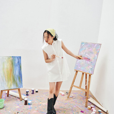 DOTTIE - Đầm sơ mi độn vai nữ DOTTIE trắng - D0058