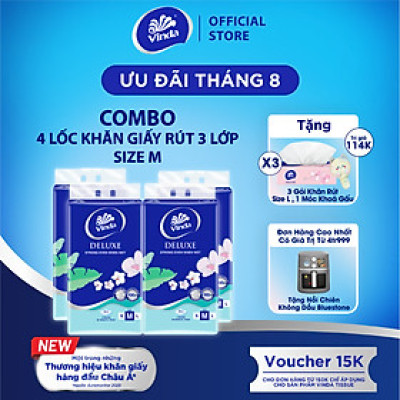 [MUA 4 LỐC KHĂN RÚT SIZE M TẶNG 3 GÓI KHĂN RÚT SIZE L + 1 MÓC KHÓA] Khăn giấy rút cao cấp Vinda Deluxe 3 lớp 90 tờ size M (5 Gói)