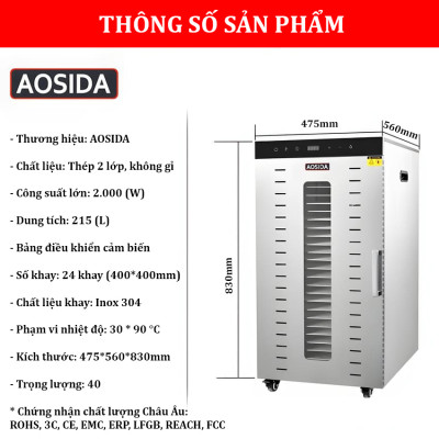 Máy sấy thực phẩm công nghiệp thương hiệu cao cấp AOSIDA SS-24H 24 khay - Dung tích 215L - Hàng nhập khẩu
