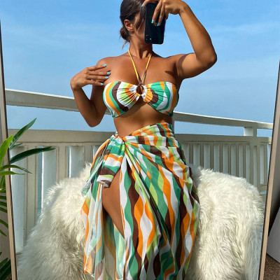 Bộ 3 mảnh áo tắm xẻ tà váy bikini đi biển in hình nữ