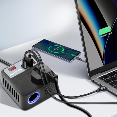 Bộ Chuyển Đổi, Biến Tần Đa Năng 12V/24V Sang 110V/220V Cho Xe hơi, Ô tô. 1 Type C - 2 cổng USB có sạc nhanh QC3.0, Bật Lửa