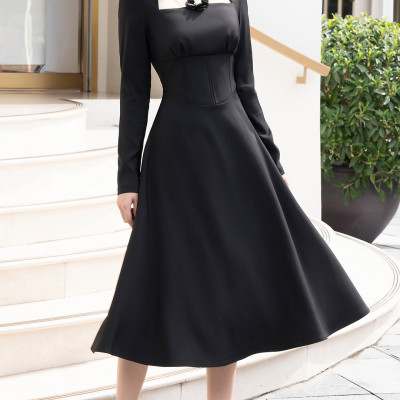 Đầm xòe dài tay màu đen Crepuscolo Thiết kế cao cấp WHITE CHIC