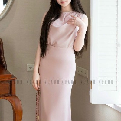 Set áo váy hồng sát nách xếp ly NGADO , set áo váy dài , set áo váy hồng