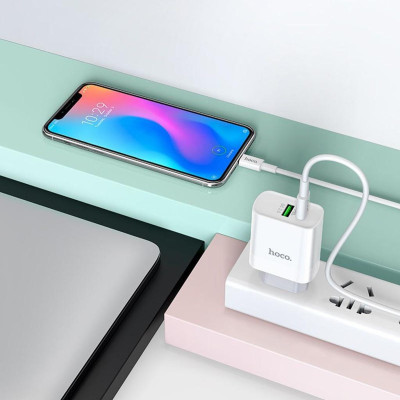 Bộ sạc PD 20W hoco. C80A – Hàng Chính Hãng 2 cổng ( USB + Type-C ) sạc nhanh 3A, Quick Charger 3.0 cho iPhone/iPad ( kèm dây 1m )