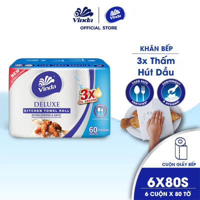 [MUA 1 LỐC KHĂN BẾP CUỘN + 1 MÓC KHÓA] Khăn giấy bếp đa năng siêu thấm Vinda Deluxe (6 Cuộn)