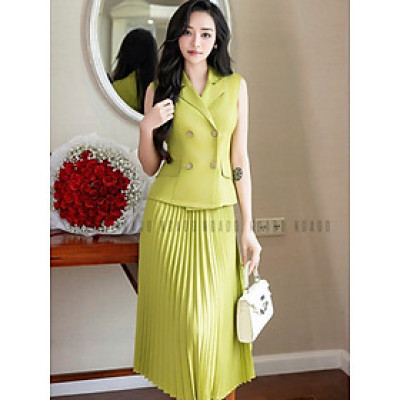 Set áo váy xanh bơ xếp ly NGADO , set áo váy nữ , set công sở , dự tiệc