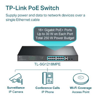 Switch TP-LINK TL-SG1218MPE | Switch Chia Mạng 18 Cổng Gigabit - 16 Cổng PoE+ 250W + Easy Smart - Hàng chính hãng