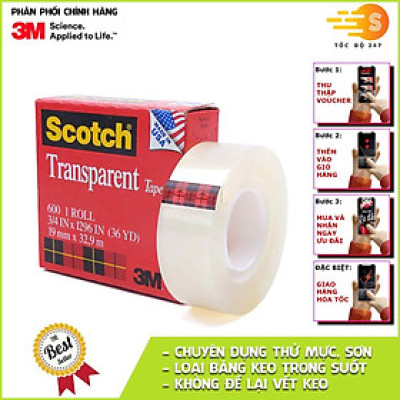 Băng keo trong suốt chuyên dụng thử mực, thử sơn 3M Scotch 600 SB-600-34 - kích thước 3/4 in, ko để lại vết keo, hàng nhập Mỹ