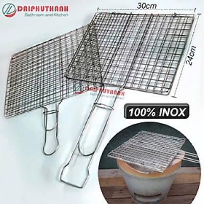 Vỉ Nướng Than Inox Vỉ Nướng Thịt Cá Dạng Kẹp - Độ dày 2 đến 3 li, mặt vỉ 30x24cm đan ca rô dày dặn