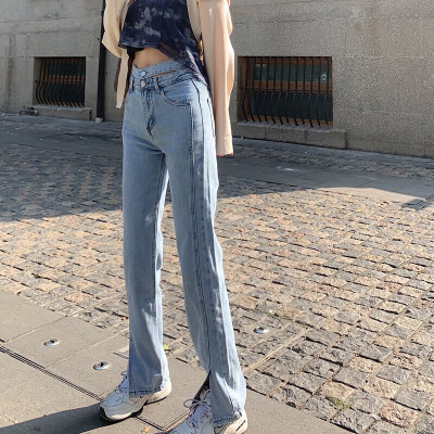 Quần Jeans bò nữ cạp cao lưng cao ống rộng xẻ gấu phong cách ulzzang Hàn Quốc