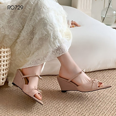 Dép nữ mũi nhọn, đính nơ, đế xuồng ROSATA RO729 - 7p - Bạc, Nude - BKSTORE