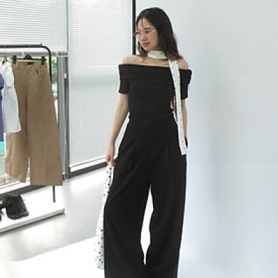 DOTTIE - Quần ống rộng lưng liền - Đen - Q0400