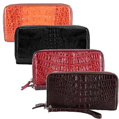 HJ3208-09-10-16 - Bóp nữ da cá sấu Huy Hoàng 2 khóa gai màu vàng bò, đen, nâu đỏ, nâu đất