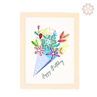 Thiệp Quilling Happy Birthday có khung , bó hoa sinh nhật - size 8.5 x 6.5 cm