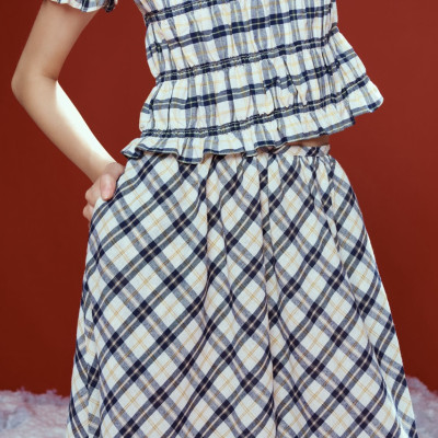 DOTTIE - Chân váy midi kẻ ô - Xanh đen - S0253