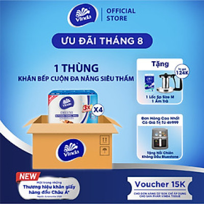 [MUA 1 THÙNG KHĂN BẾP CUỘN TẶNG 1 LỐC KHĂN RÚT SIZE M + ẤM TRÀ] Khăn giấy bếp đa năng siêu thấm Vinda Deluxe (6 Cuộn)