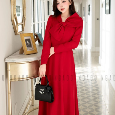 Đầm đỏ cổ phối nơ NGADO , đầm dự tiệc dáng dài