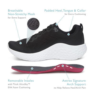 Giày thể thao sức khoẻ nữ Aetrex Danika Black - Sneaker gót cao 4p đệm êm