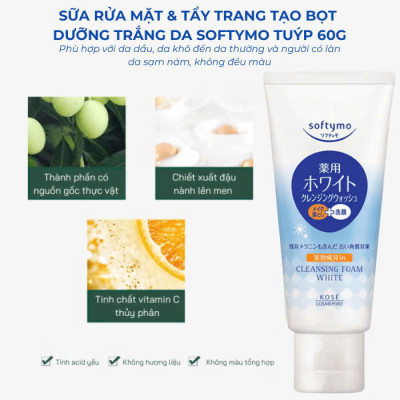 Sữa Rửa Mặt Tẩy Trang Dưỡng Trắng Da Kosé Softymo Cleansing Foam White (Tuýp 60 G)