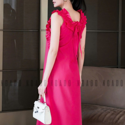 Đầm hồng sen nhún vai NGADO , đầm suông , đầm dài