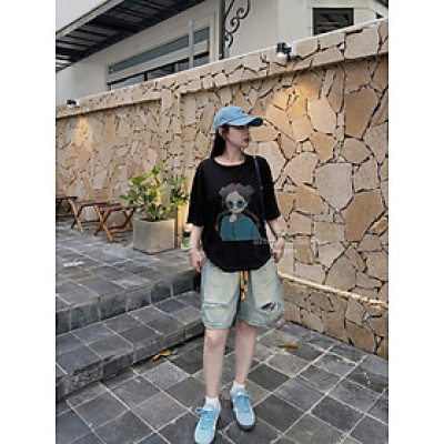 Set áo in cô gái mix quần jean ngố