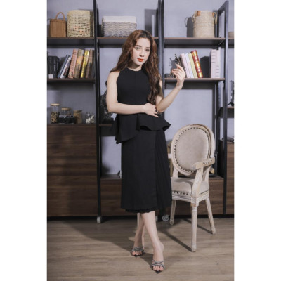 Set Nữ Dáng Peplum Màu Be Cao Cấp 23V057 Pi Style