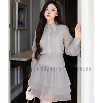 Đầm xám phối voan NGADO , đầm sơ mi , đầm dài tay