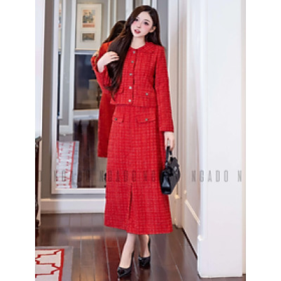 Set áo váy tweed đỏ NGADO , set áo kèm chân váy dáng dài