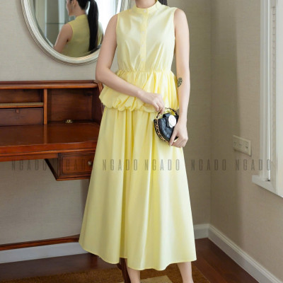 Set áo váy vàng cổ trụ NGADO , set áo váy dài , set công sở , dự tiệc