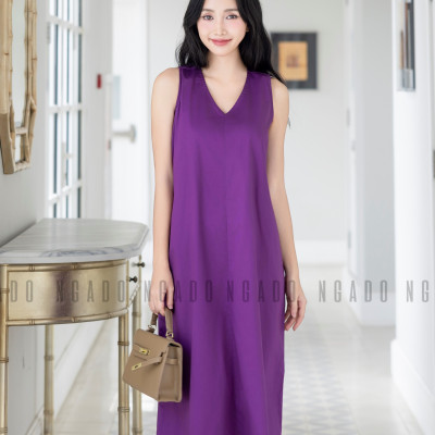 Đầm tím cổ tim NGADO , đầm nữ , Đầm suông , Đầm thiết kế