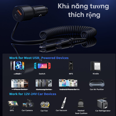 Tẩu sạc nhanh 2 cổng trên ô tô 110W Choetech TC0038 tích hợp cáp lò xo Type C kèm đầu nối IP dài 1.5M (Hàng chính hãng)