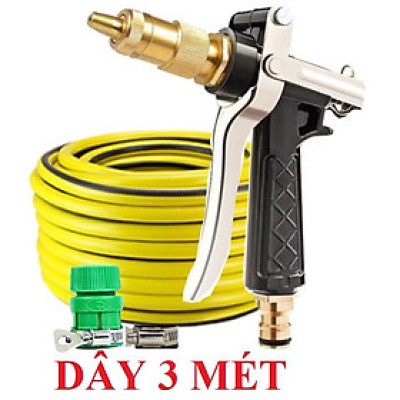 Bộ dây vòi xịt nước rửa xe, tưới cây ,tăng áp 3 lần,loại 3m, 5m 206236 đầu đồng,đai,nối nhựa vàng+  móc khoá